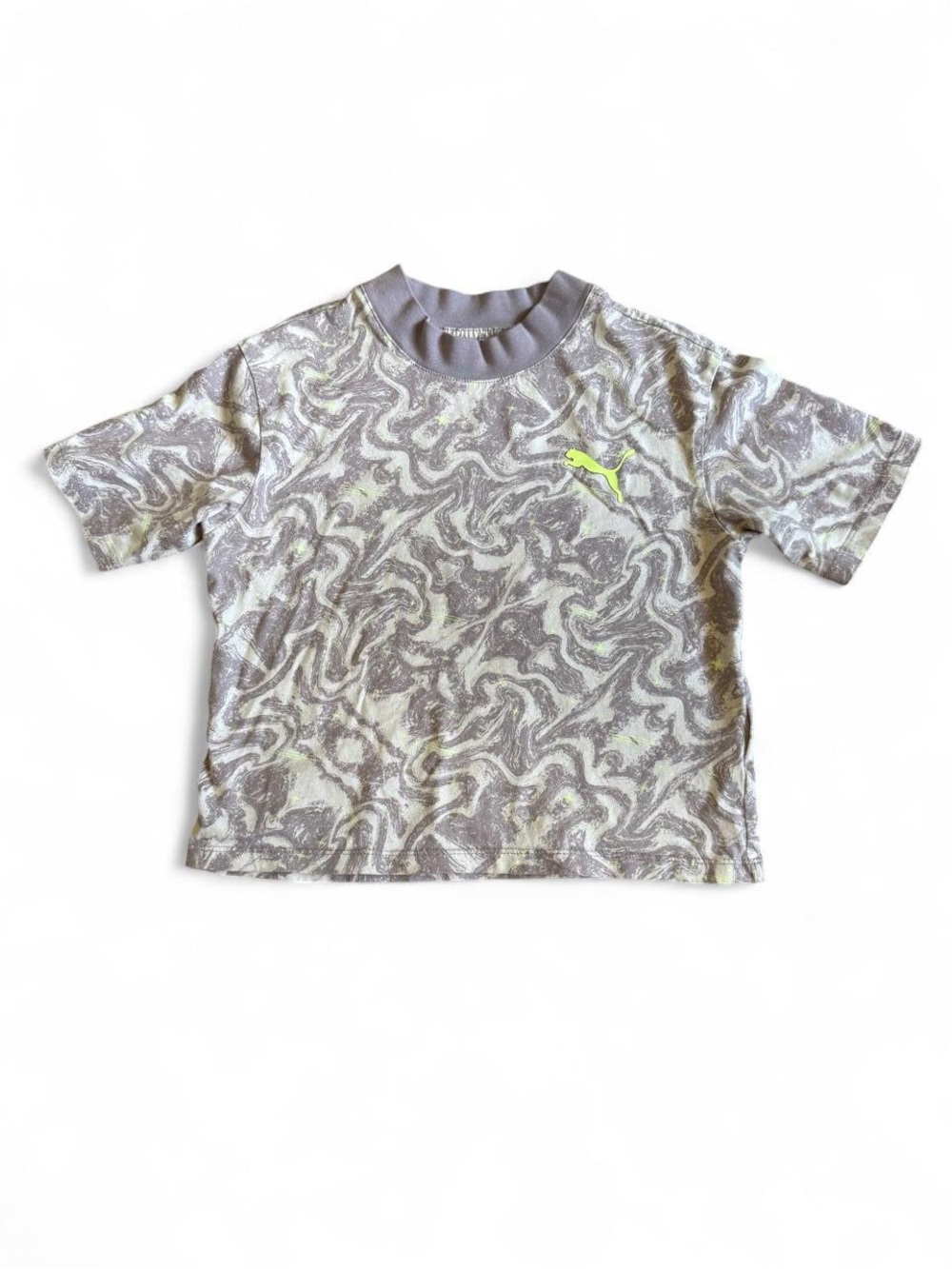 Puma Purple Marble Print Short Sleeve Tee with Neon Yellow Logo